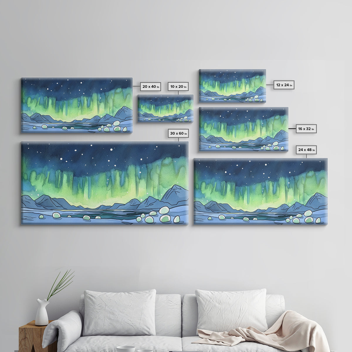 Northern Lights Over Arctic Mountains Wall Art, Aurora Landscape Print, Nature Wall Decor, Large Canvas Print, Office Decor