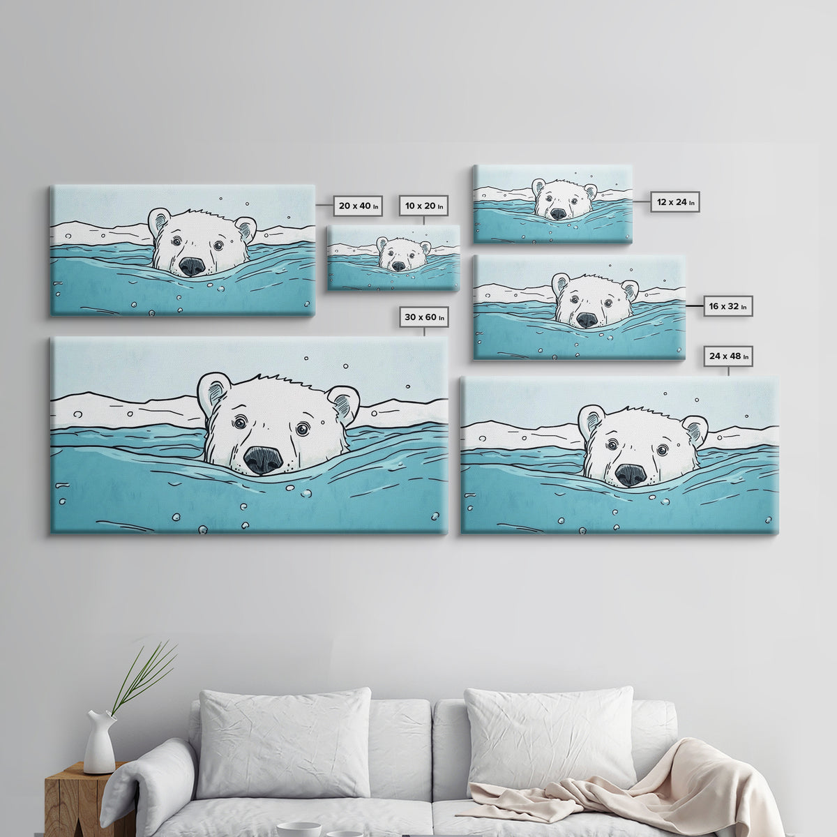 Polar Bear Swimming In Icy Water Wall Art, Arctic Animal Print, Nursery Wall Art, Kids Room Decor, Coastal Canvas Print Gift