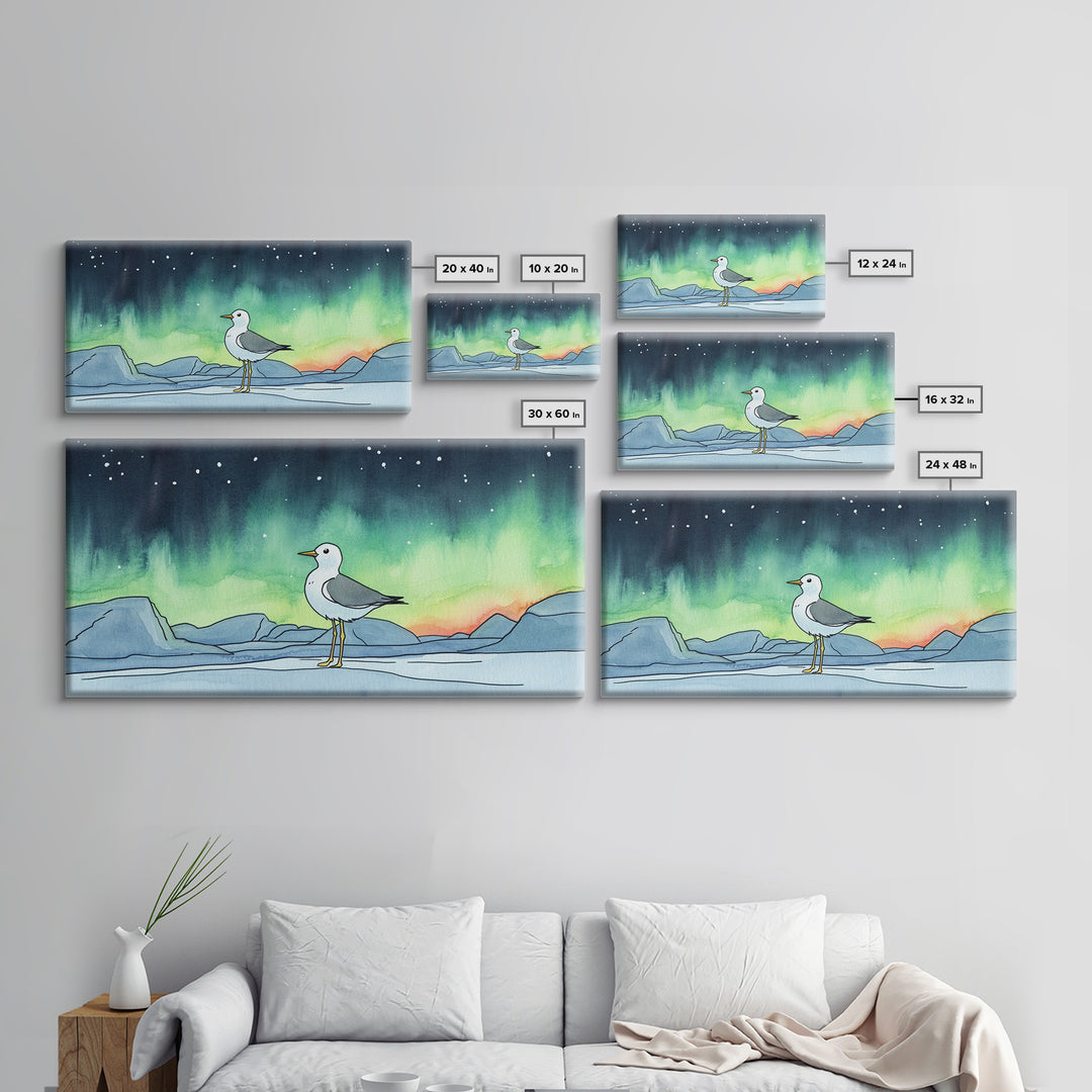 Arctic Seagull Under Aurora Sky Wall Art, Northern Lights Print, Coastal Bird Decor, Nature Wall Art, Framed Canvas Print