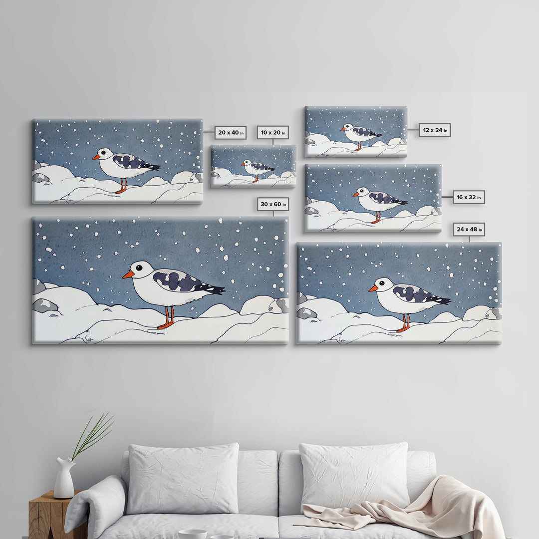 Snowy Arctic Shorebird In Winter Canvas Print, Bird Wall Art, Nursery Decor, Animal Wall Art, Minimalist Coastal Decor Gift