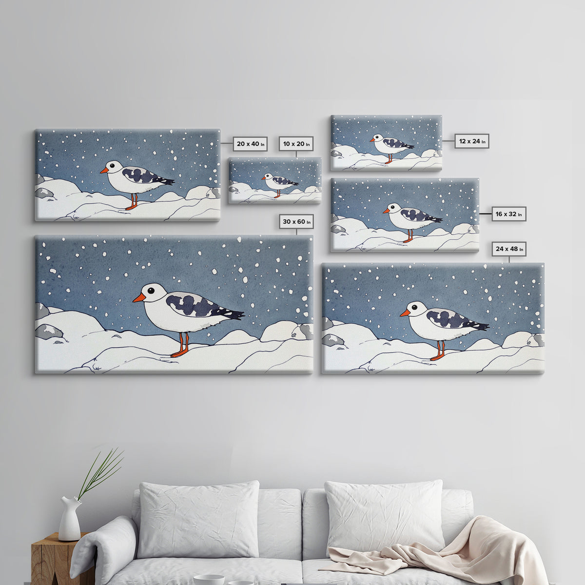 Snowy Arctic Shorebird In Winter Canvas Print, Bird Wall Art, Nursery Decor, Animal Wall Art, Minimalist Coastal Decor Gift