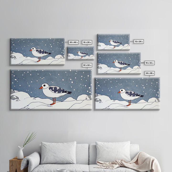 Snowy Arctic Shorebird In Winter Canvas Print, Bird Wall Art, Nursery Decor, Animal Wall Art, Minimalist Coastal Decor Gift