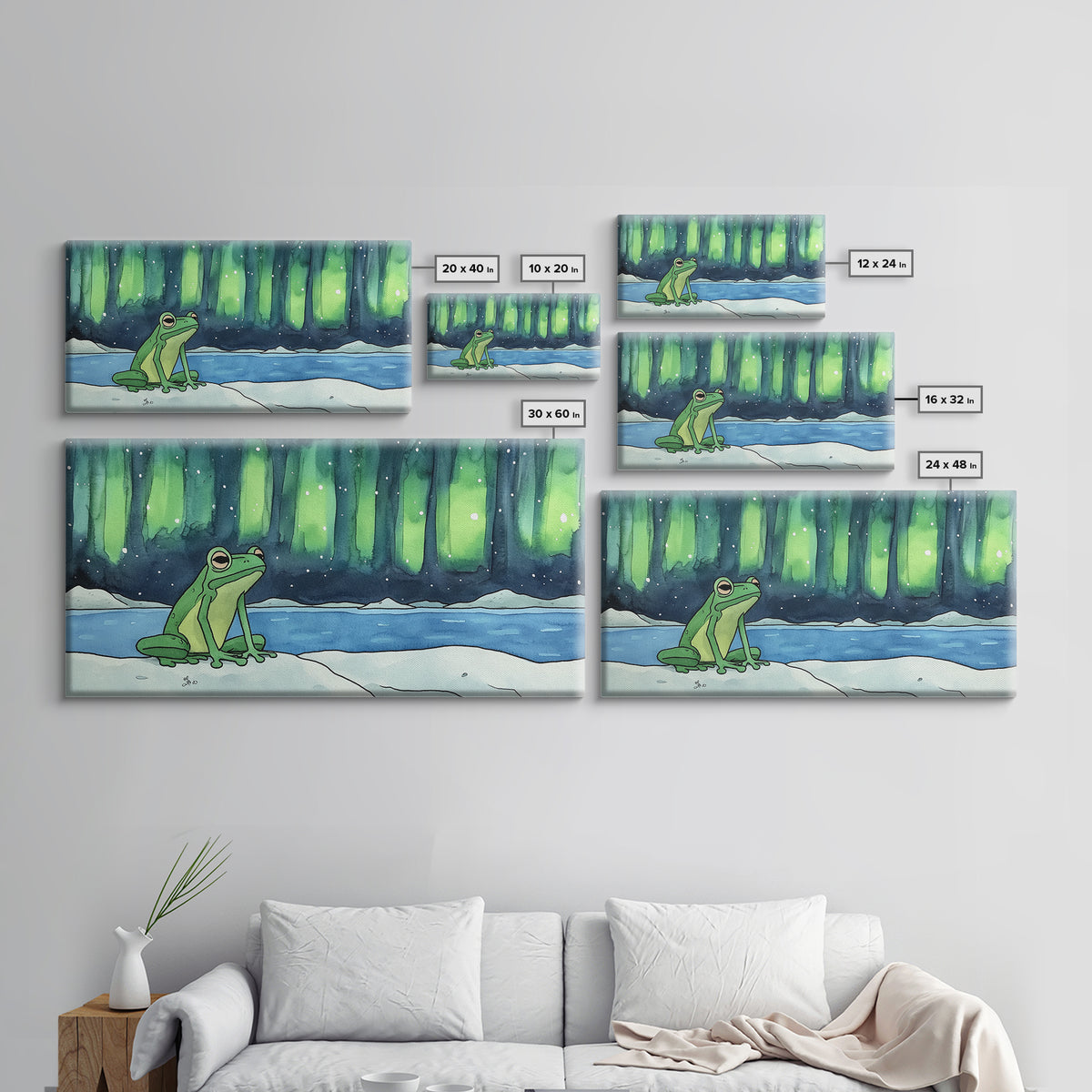 Green Frog Under Northern Lights Wall Art, Whimsical Animal Art Print, Aurora Borealis Nursery Decor, Kids Room Housewarming Gift