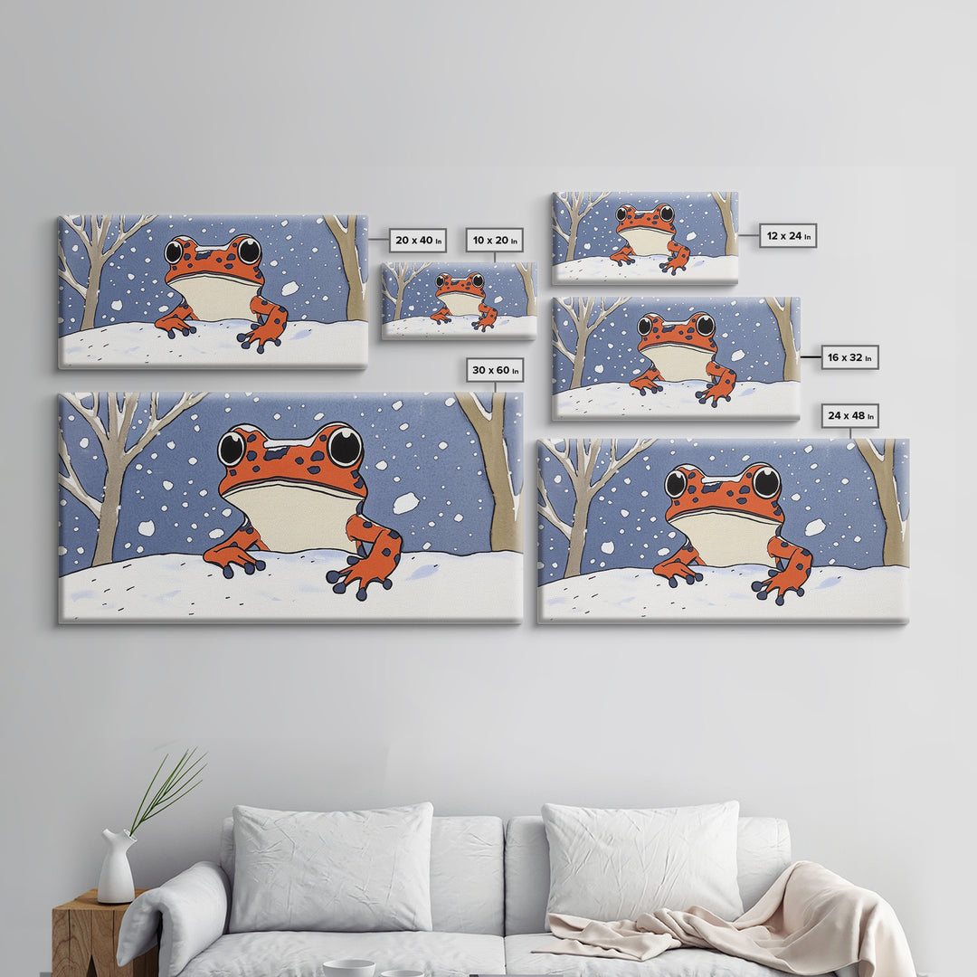 Orange Spotted Frog In Snowy Forest Wall Art, Whimsical Animal Print, Winter Nursery Decor, Cute Kids Room Canvas Art Housewarming Gift