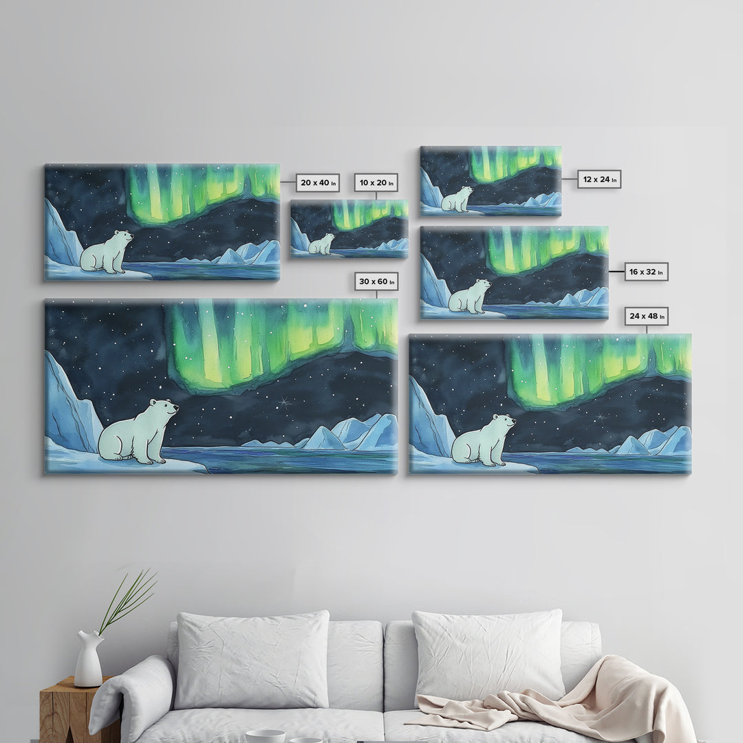 Polar Bear Beneath Northern Lights Wall Art, Arctic Landscape Canvas Print, Wildlife Nursery Decor, Cozy Winter Housewarming Gift