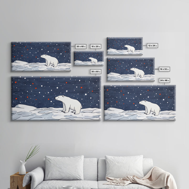 Minimal Polar Bear Snow Scene Wall Art, Arctic Wildlife Illustration, Kids Room Decor, Modern Nursery Canvas Print Gift Idea