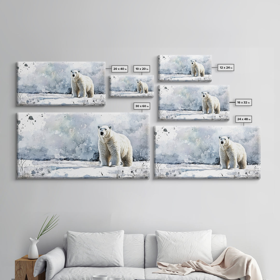 Standing Polar Bear In Snowy Tundra Wall Art, Watercolor Wildlife Print, Arctic Animal Decor, Large Canvas Housewarming Gift