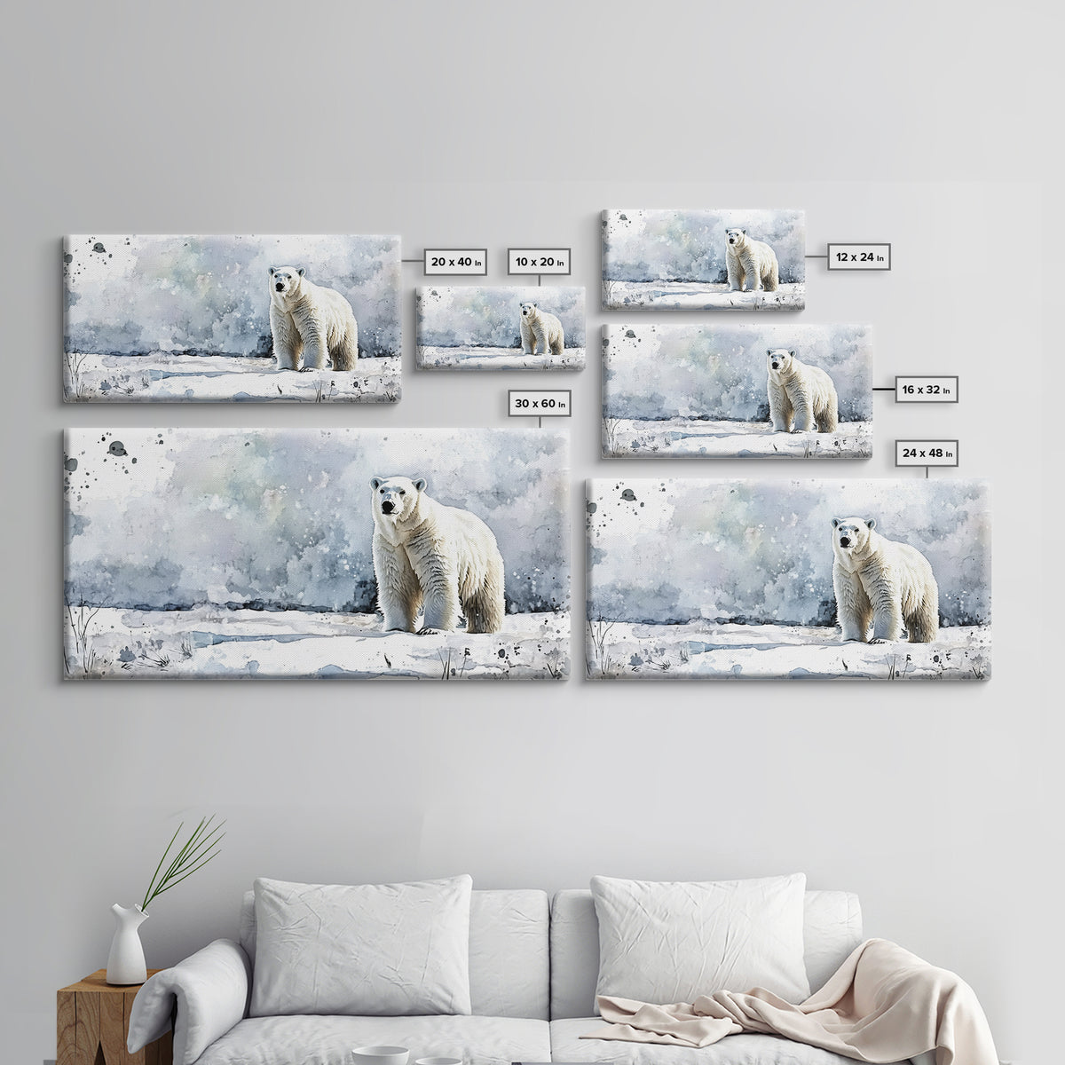 Standing Polar Bear In Snowy Tundra Wall Art, Watercolor Wildlife Print, Arctic Animal Decor, Large Canvas Housewarming Gift