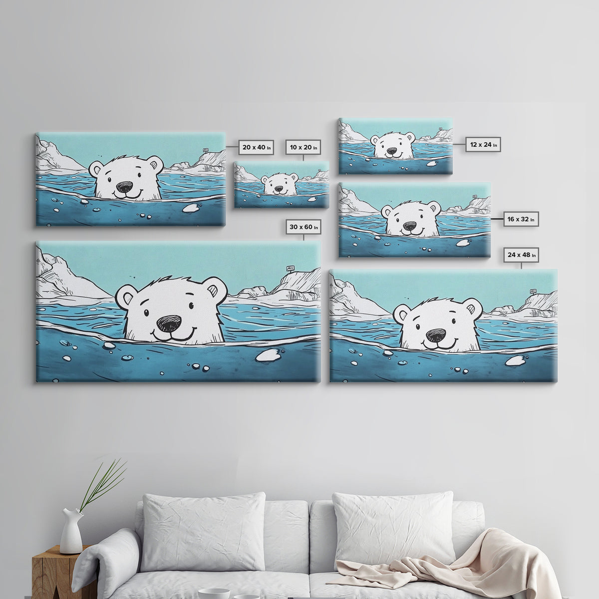 Smiling Polar Bear Swimming In Icy Sea Wall Art, Playful Arctic Animal Print, Ocean Nursery Decor, Kids Room Canvas Gift