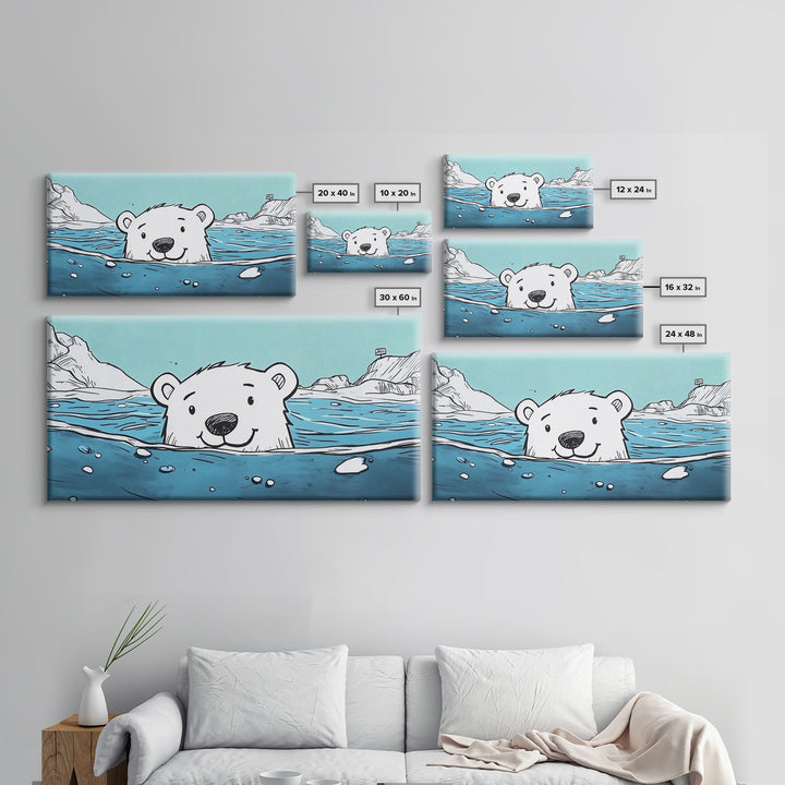 Smiling Polar Bear Swimming In Icy Sea Wall Art, Playful Arctic Animal Print, Ocean Nursery Decor, Kids Room Canvas Gift