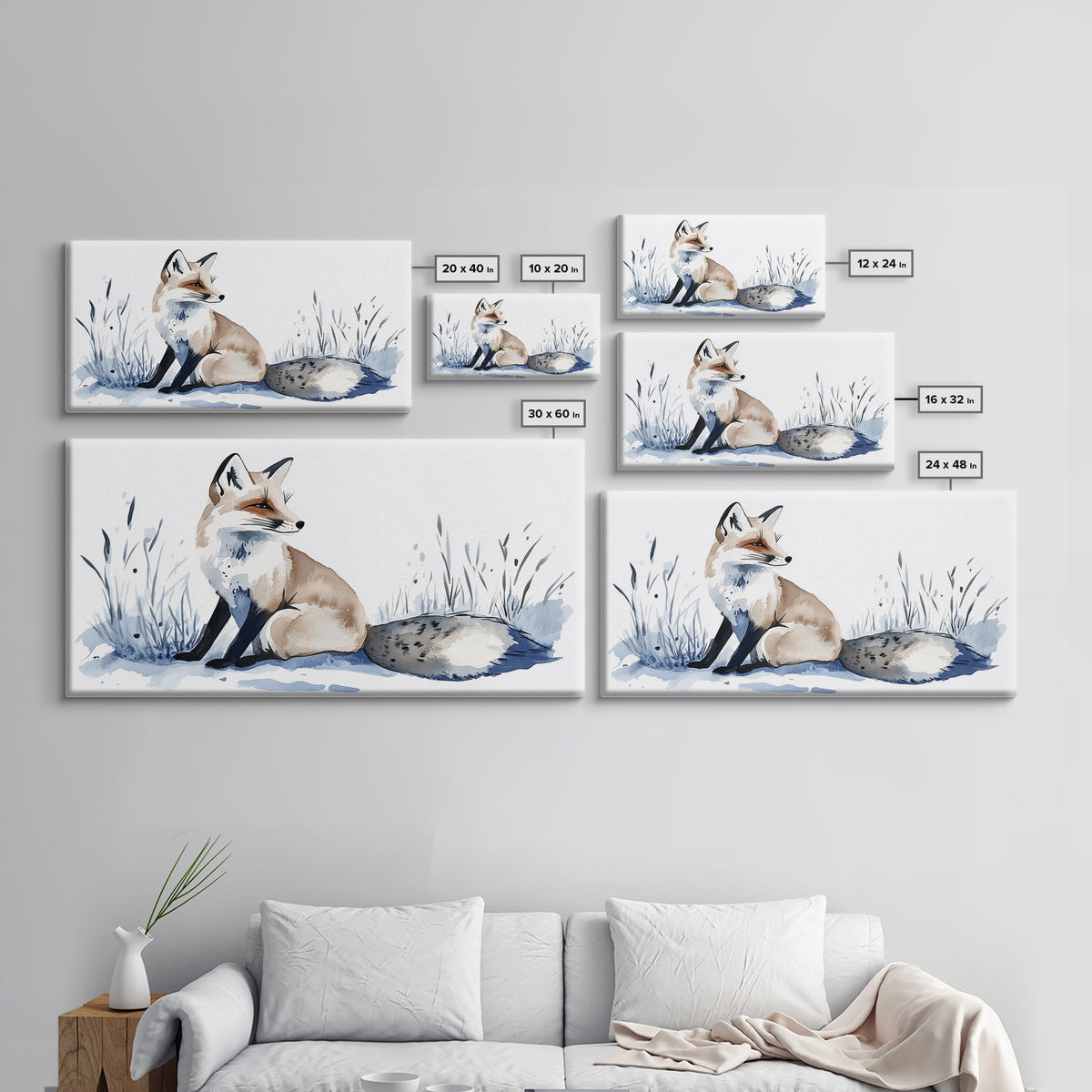 Sitting Fox In Frosted Grass Wall Art, Minimal Watercolor Wildlife Canvas Print, Neutral Nursery Decor, Animal Lover Gift