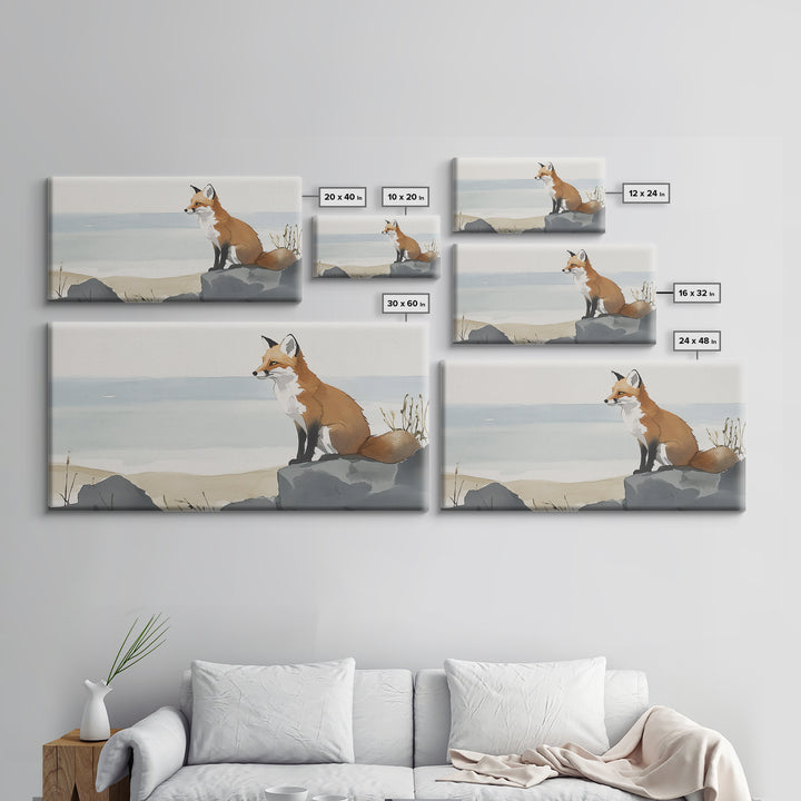 Coastal Fox On Ocean Rocks Wall Art, Minimal Watercolor Wildlife Canvas Print, Beach House Decor, Neutral Living Room Art