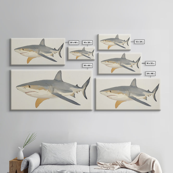 Watercolor Shark Illustration Canvas Print, Coastal Ocean Wall Art, Marine Life Decor, Beach House Gift, Nautical Animal Art