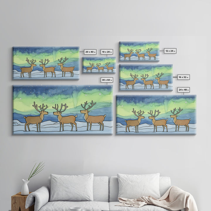 Three Reindeer Under Northern Lights Wall Art, Aurora Winter Landscape Print, Rustic Wildlife Decor, Cabin Christmas Gift