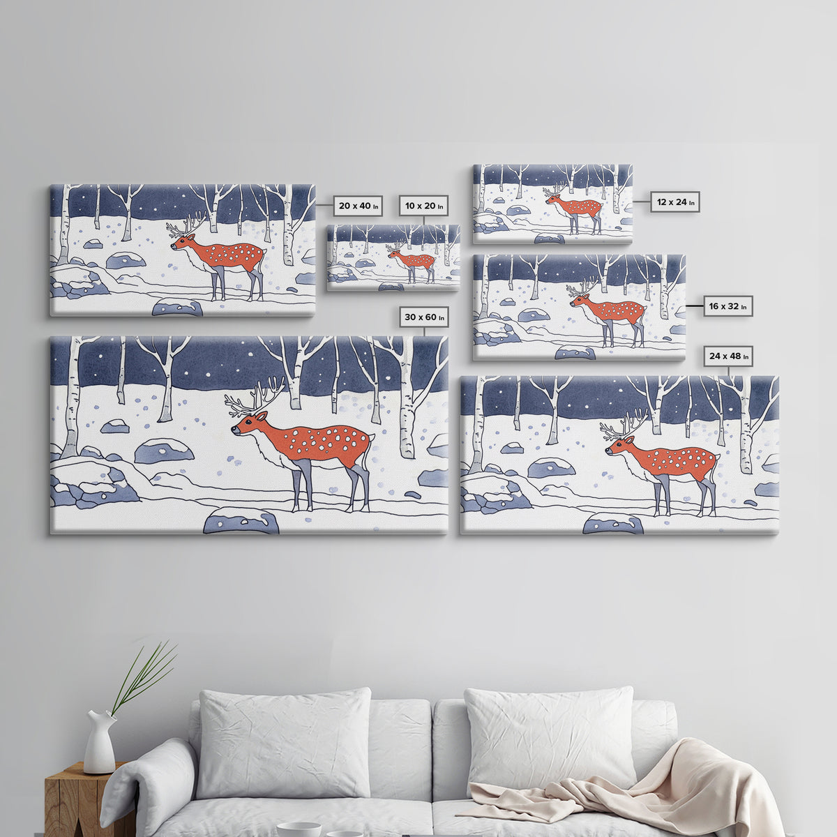 Red Deer In Snowy Birch Forest Canvas Print, Winter Wildlife Wall Art, Woodland Nursery Decor, Rustic Cabin Home Decor Gift