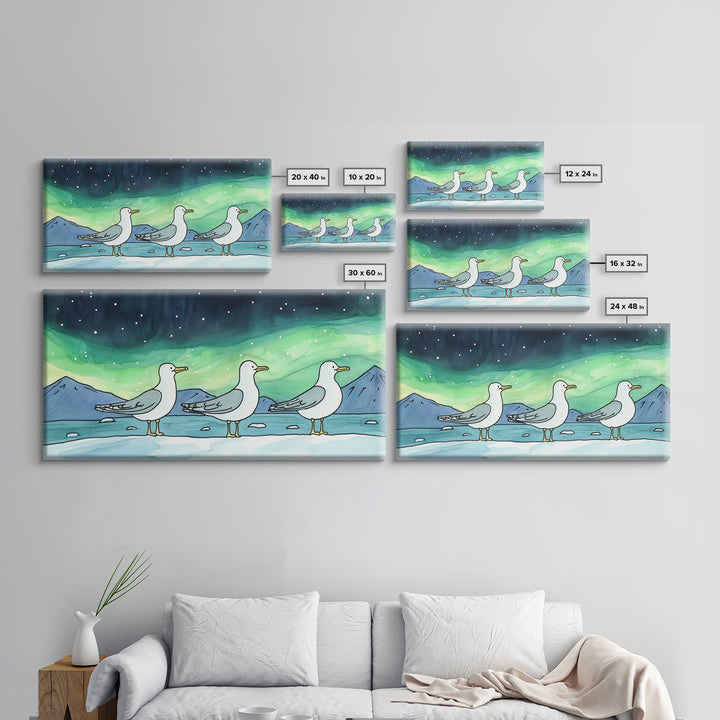 Three Seagulls Under Aurora Sky Wall Art, Winter Coastal Bird Canvas Print, Nautical Ocean Decor, Beach House Christmas Gift