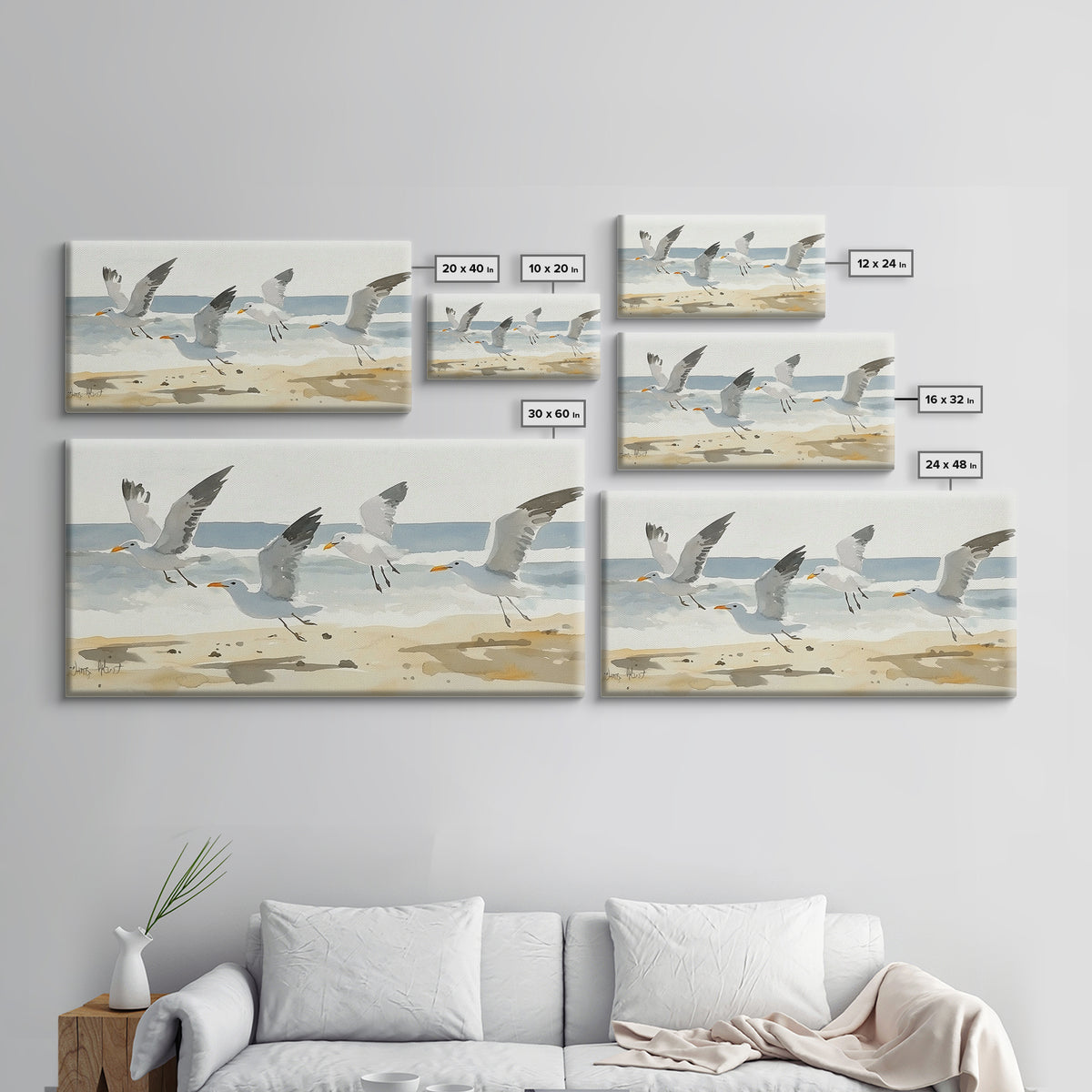 Flying Seagulls Over Sandy Watercolor Beach Wall Art, Coastal Ocean Canvas Print, Nautical Seascape Decor, Beach House Gift