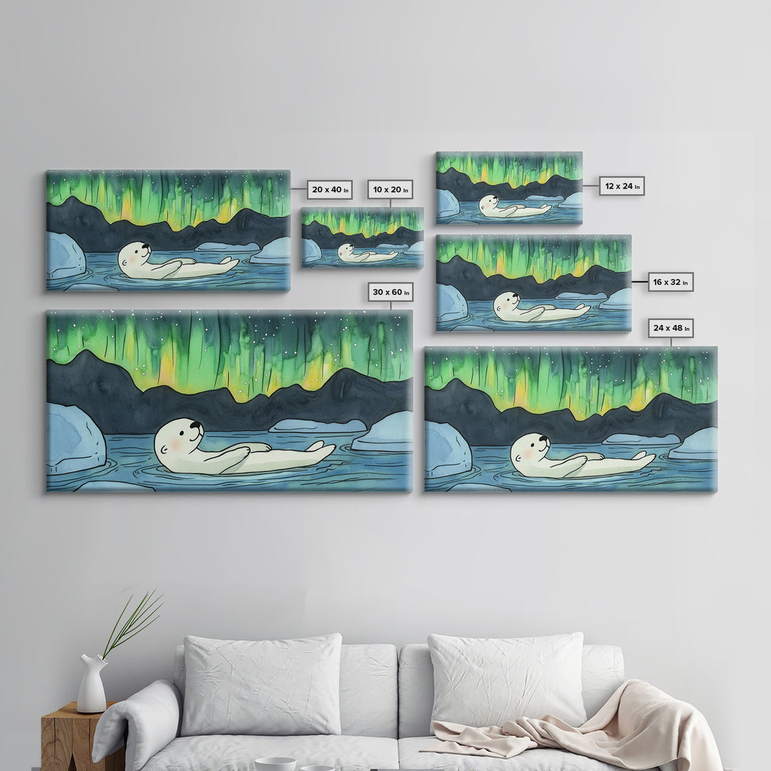 Polar Bear Floating Beneath Aurora Canvas Print, Arctic Wildlife Wall Art, Northern Lights Decor, Kids Room Animal Gift Print