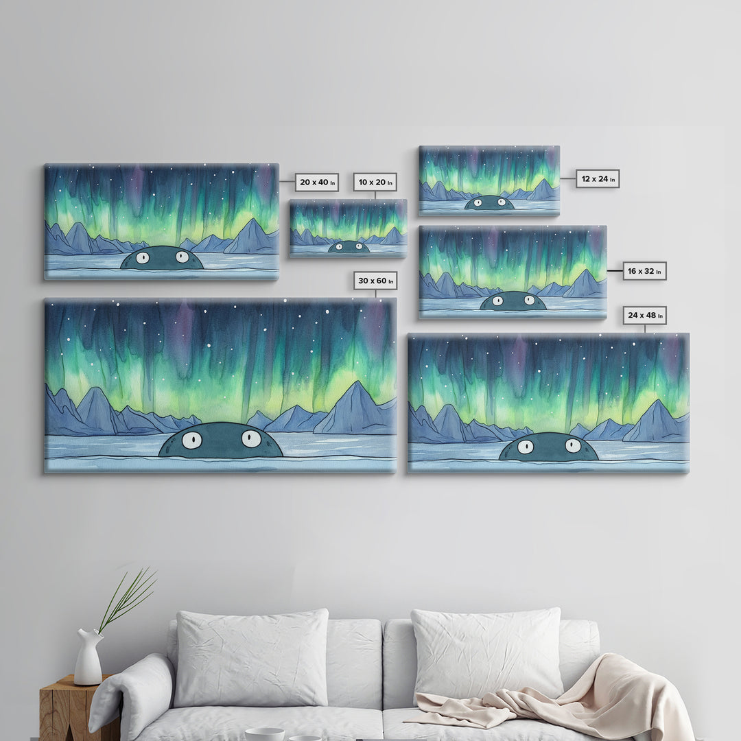 Whimsical Whale Peeking At Aurora Canvas Print, Northern Lights Wall Art, Arctic Ocean Decor, Kids Room Animal Gift For Nursery