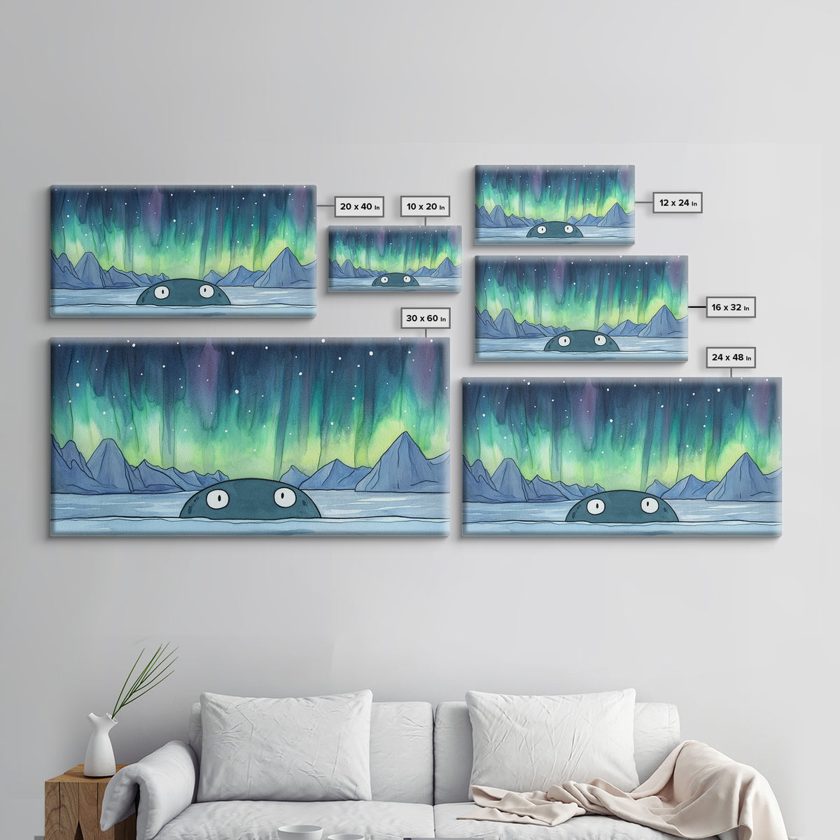 Whimsical Whale Peeking At Aurora Canvas Print, Northern Lights Wall Art, Arctic Ocean Decor, Kids Room Animal Gift For Nursery