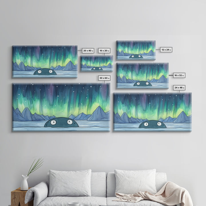 Whimsical Whale Peeking At Aurora Canvas Print, Northern Lights Wall Art, Arctic Ocean Decor, Kids Room Animal Gift For Nursery