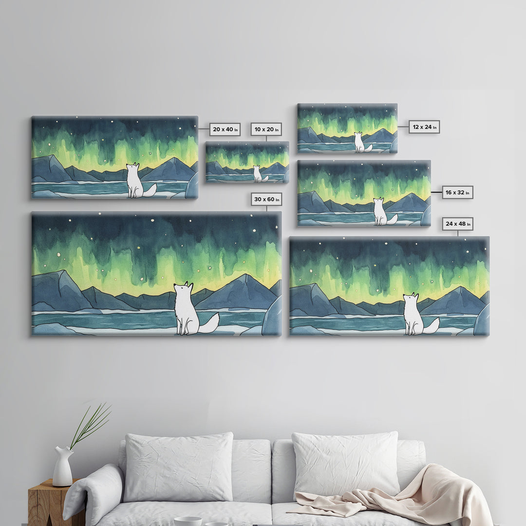 White Arctic Fox Watching Aurora Canvas Print, Northern Lights Wall Art, Winter Landscape Decor, Nature Lover Gift For Her