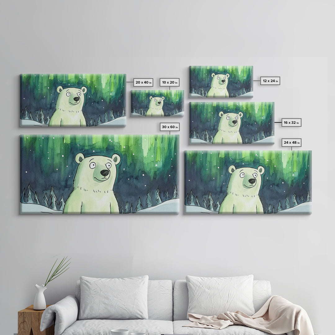 Polar Bear Under Northern Lights Canvas Print, Whimsical Winter Wall Art, Kids Room Decor, Nursery Animal Art Gift For Baby Bedroom