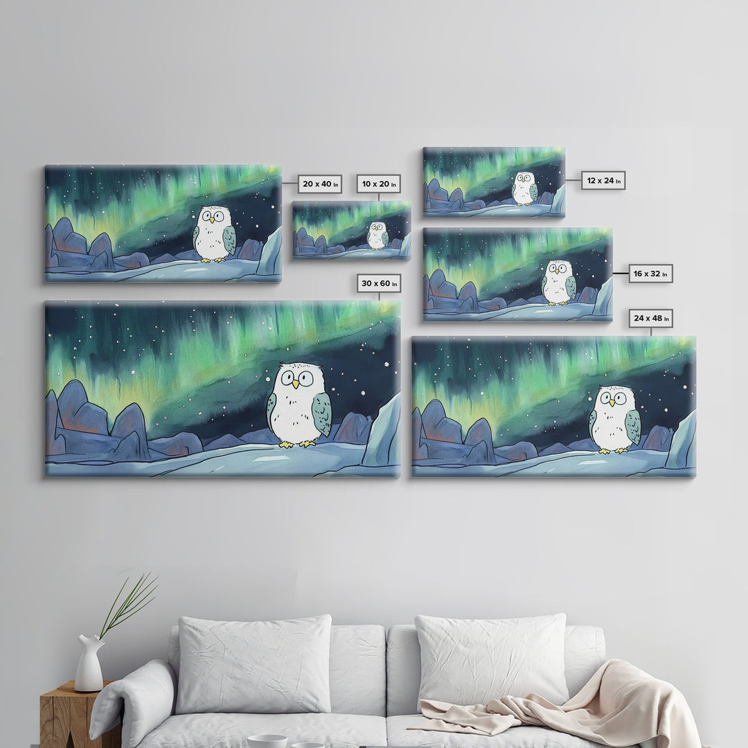 Snowy Owl Beneath Aurora Mountains Canvas Print, Northern Lights Wall Art, Whimsical Animal Art, Kids Room Decor Gift For Her