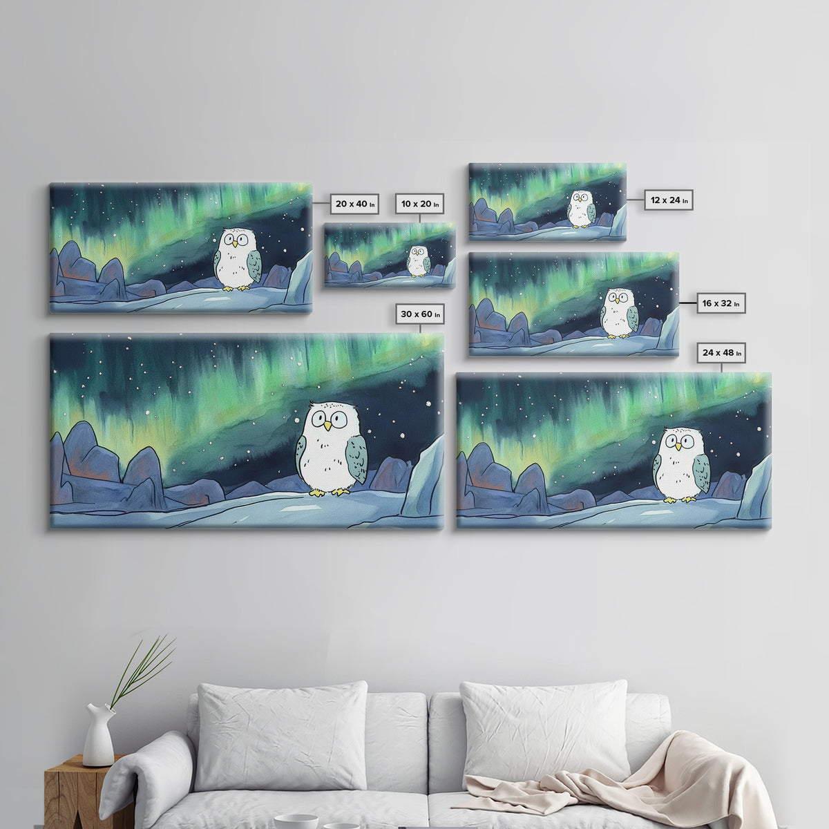 Snowy Owl Beneath Aurora Mountains Canvas Print, Northern Lights Wall Art, Whimsical Animal Art, Kids Room Decor Gift For Her