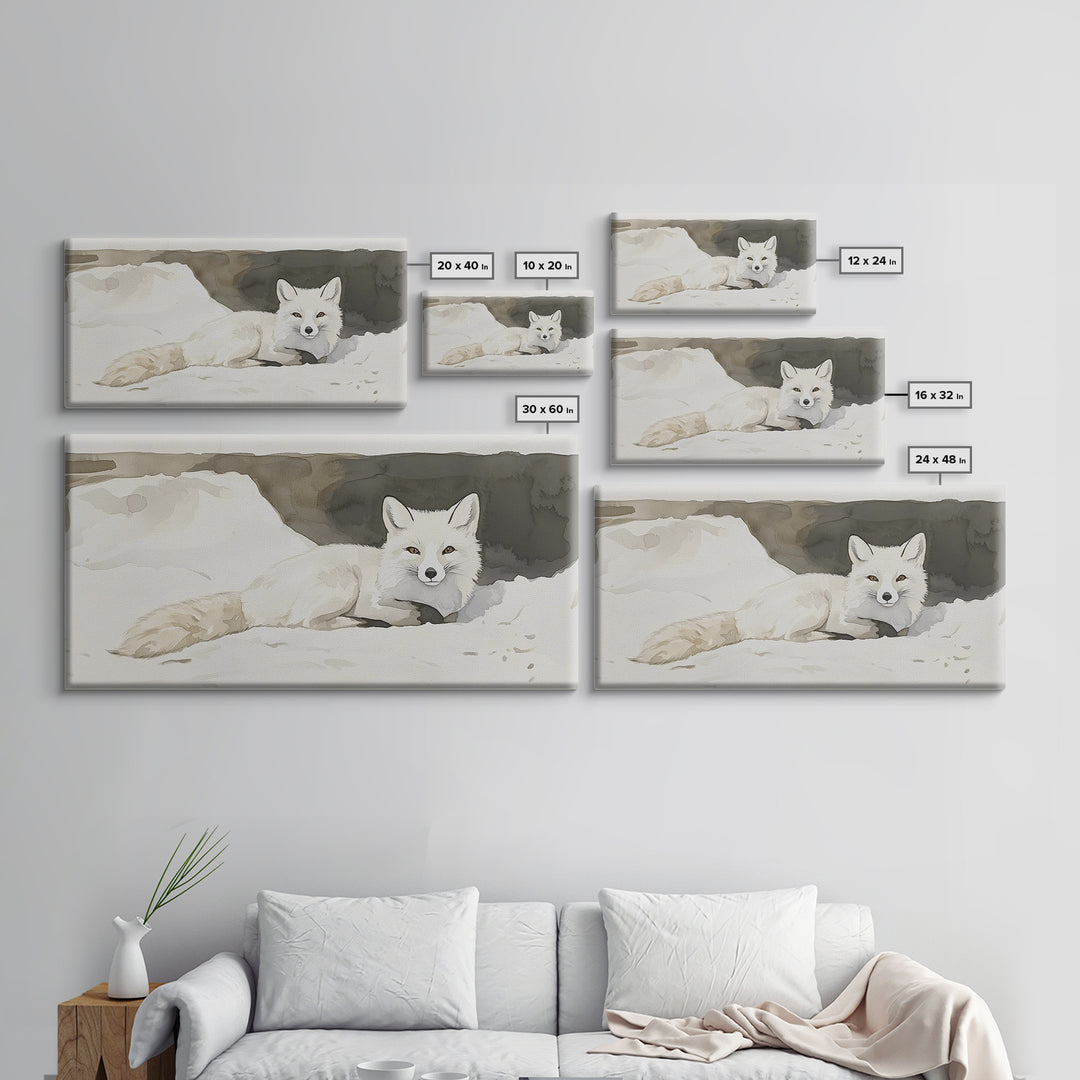 White Arctic Fox In Snow Canvas Print, Neutral Winter Wildlife Wall Art, Nursery Animal Art, Scandinavian Bedroom Decor Gift