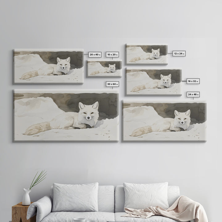 White Arctic Fox In Snow Canvas Print, Neutral Winter Wildlife Wall Art, Nursery Animal Art, Scandinavian Bedroom Decor Gift