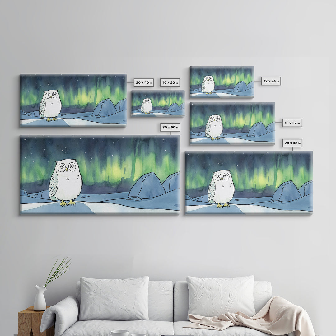 Wide Eyed Snowy Owl Aurora Canvas Print, Northern Lights Wall Art, Whimsical Animal Art, Kids Room Decor Gift For Baby Bedroom