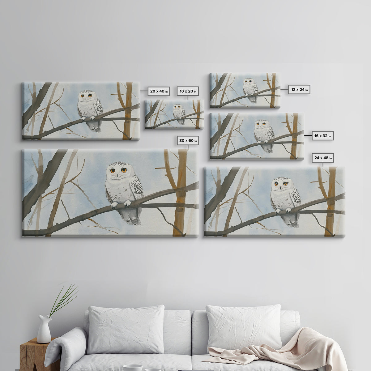 Snowy Owl On Winter Branch Canvas Print, Woodland Wildlife Wall Art, Neutral Nursery Animal Art, Scandinavian Office Decor
