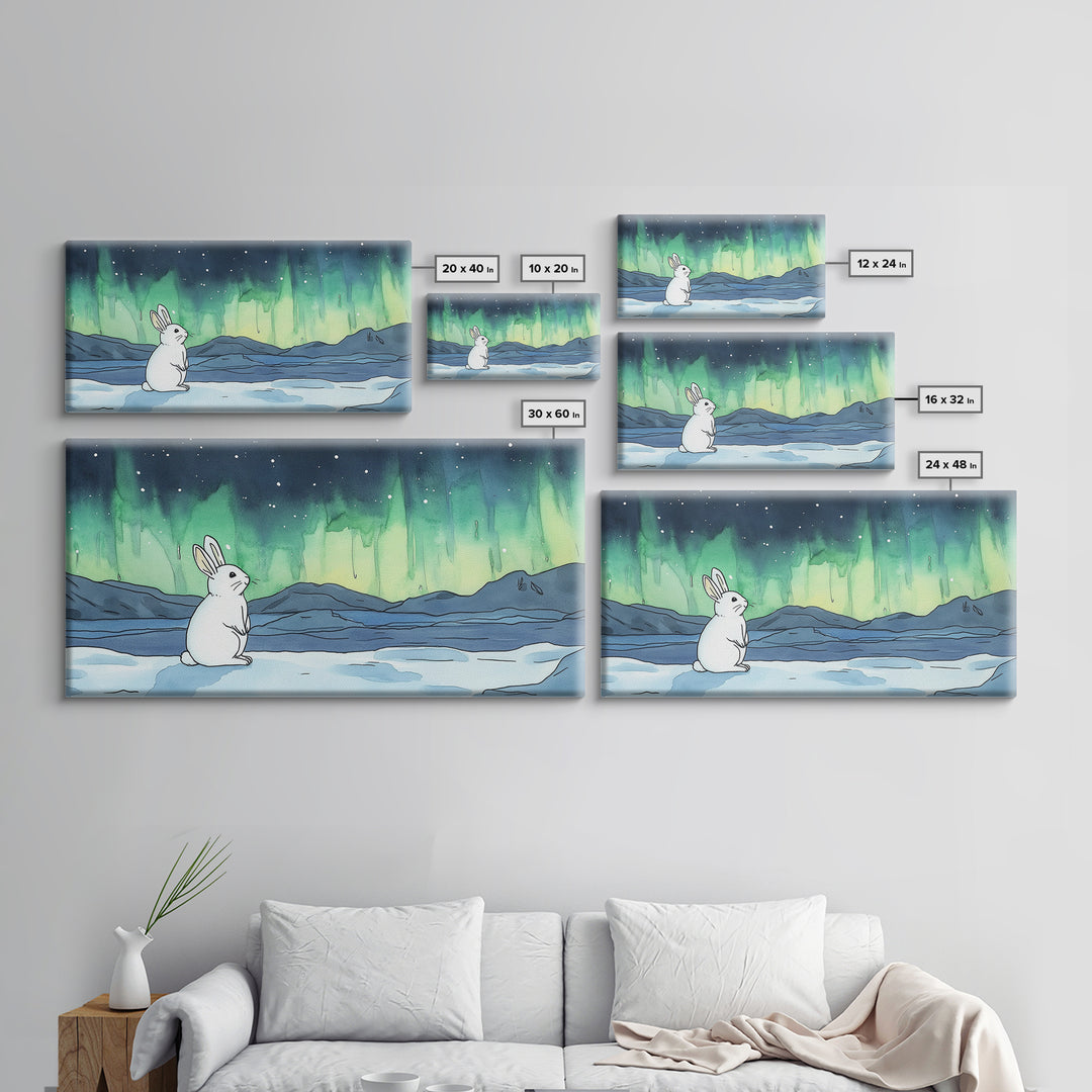 White Rabbit Watching Aurora Canvas Print, Northern Lights Wall Art, Whimsical Animal Art, Nursery Decor Gift For Kids Room