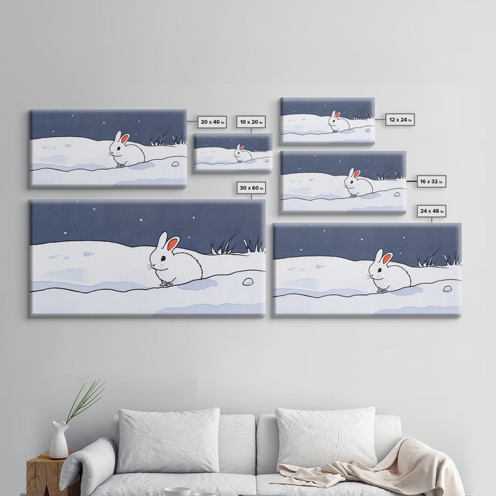 Little White Rabbit In Snow Canvas Print, Minimal Winter Wall Art, Nursery Animal Art, Scandinavian Kids Room Decor Gift