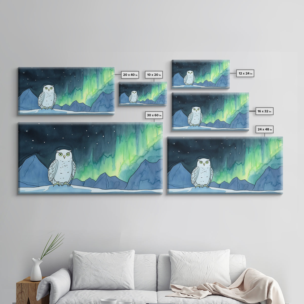 Snowy Owl Northern Lights Canvas Print, Aurora Mountain Wall Art, Whimsical Wildlife Art, Nursery Kids Room Decor Gift For Her