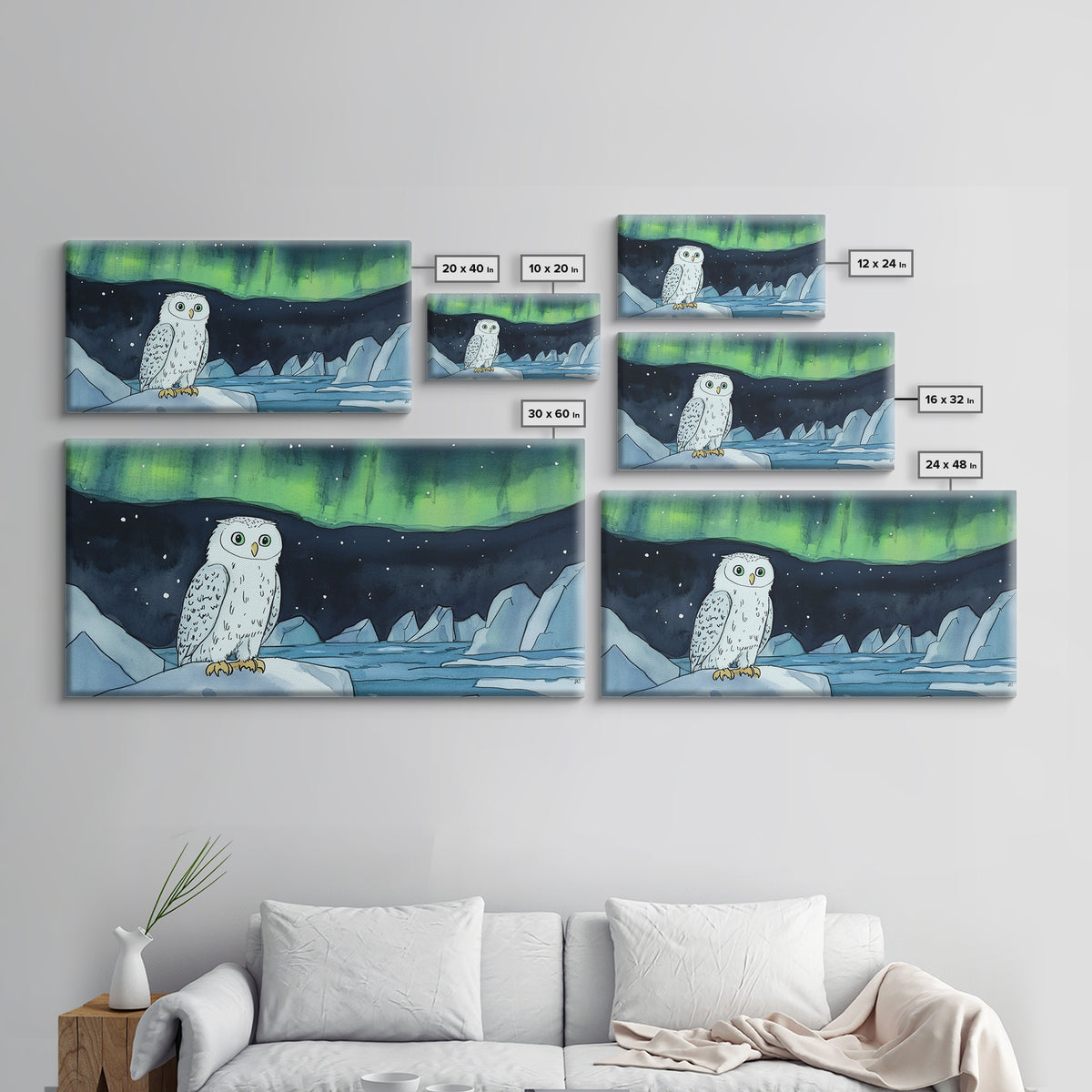 Snowy Owl Under Northern Lights Framed Canvas Print, Aurora Borealis Wall Decor, Arctic Wildlife Nursery Or Cabin Art Gift