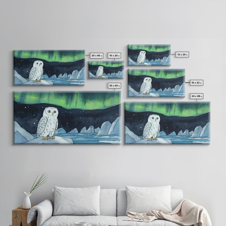 Snowy Owl Under Northern Lights Framed Canvas Print, Aurora Borealis Wall Decor, Arctic Wildlife Nursery Or Cabin Art Gift