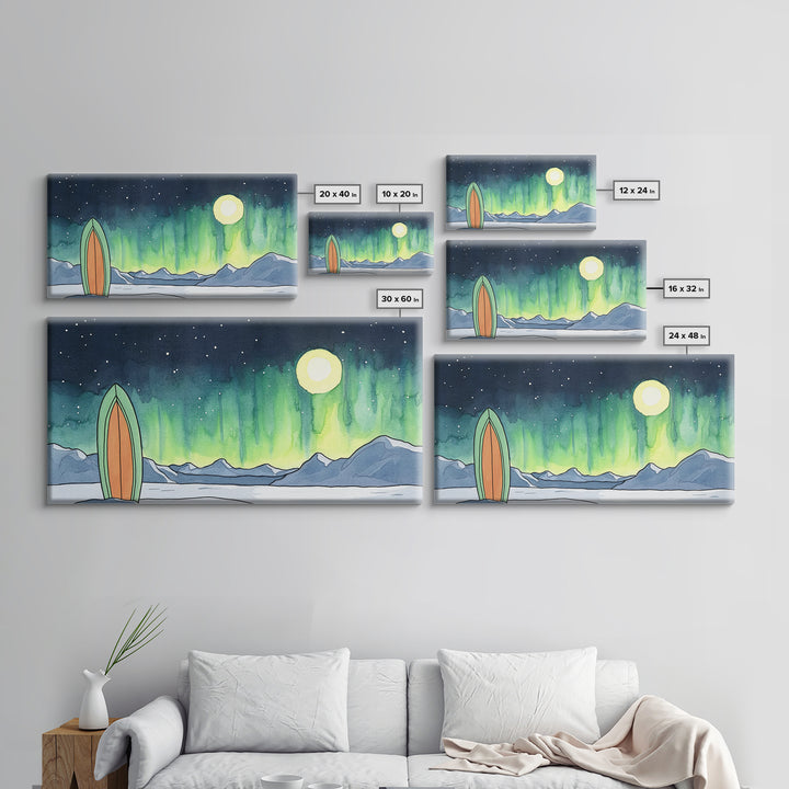 Surfboard Under Northern Lights Framed Canvas Print, Aurora Mountain Wall Art, Coastal Adventure Decor For Bedroom Or Beach House Decor