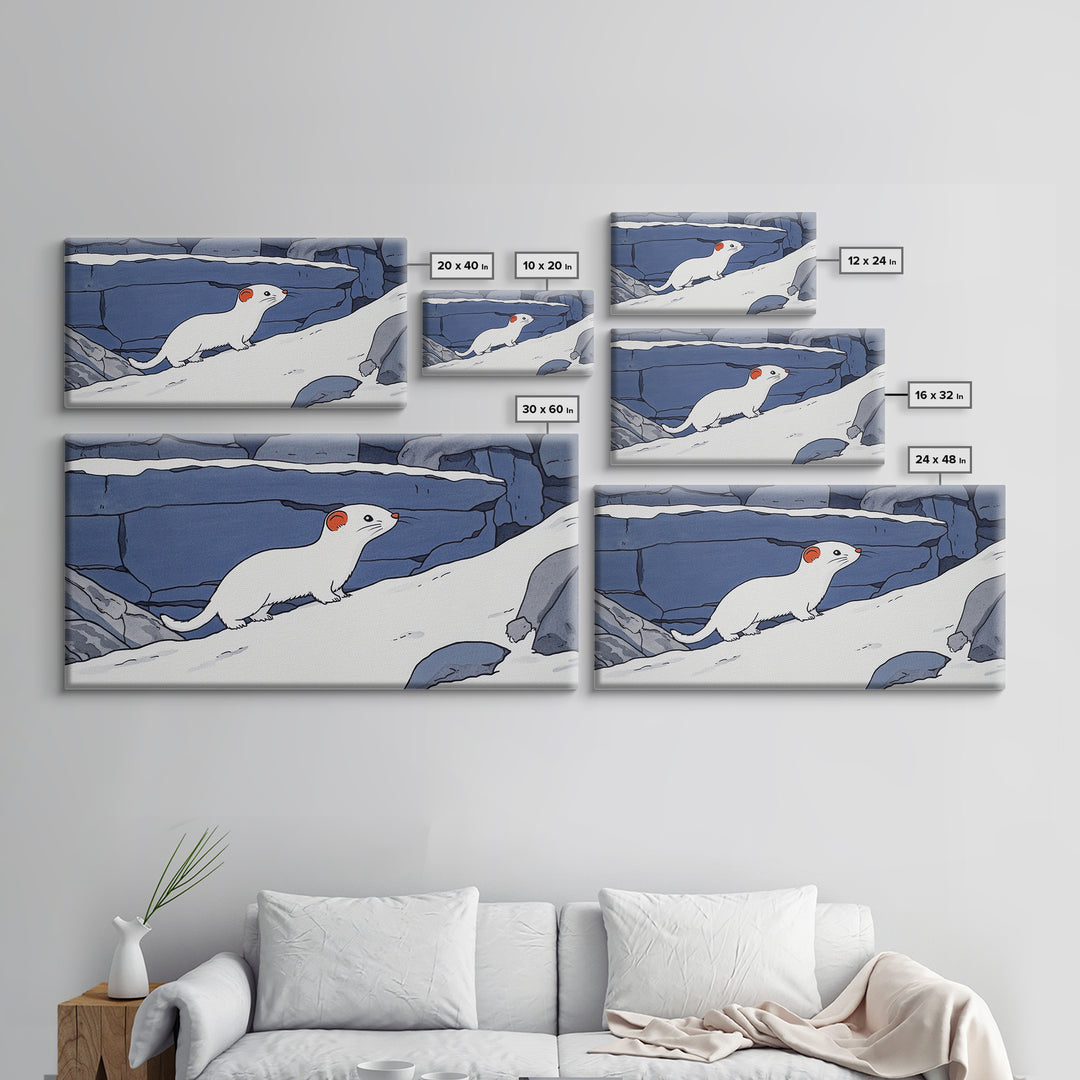 White Weasel On Snowy Rocks Canvas Print, Arctic Animal Wall Decor, Winter Wildlife Art Print, Rustic Nursery Home Decor
