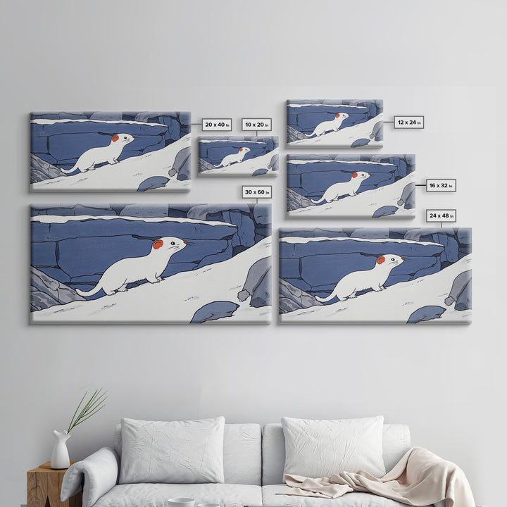 White Weasel On Snowy Rocks Canvas Print, Arctic Animal Wall Decor, Winter Wildlife Art Print, Rustic Nursery Home Decor