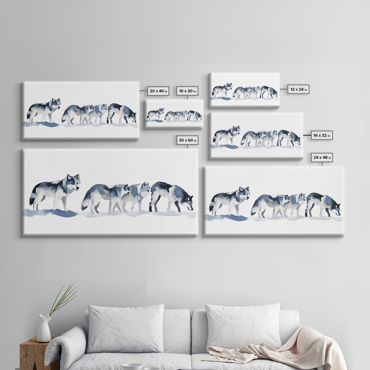 Walking Wolf Pack In Snow Framed Canvas Print, Watercolor Wildlife Wall Art, Rustic Cabin Decor, Winter Animal Art Print