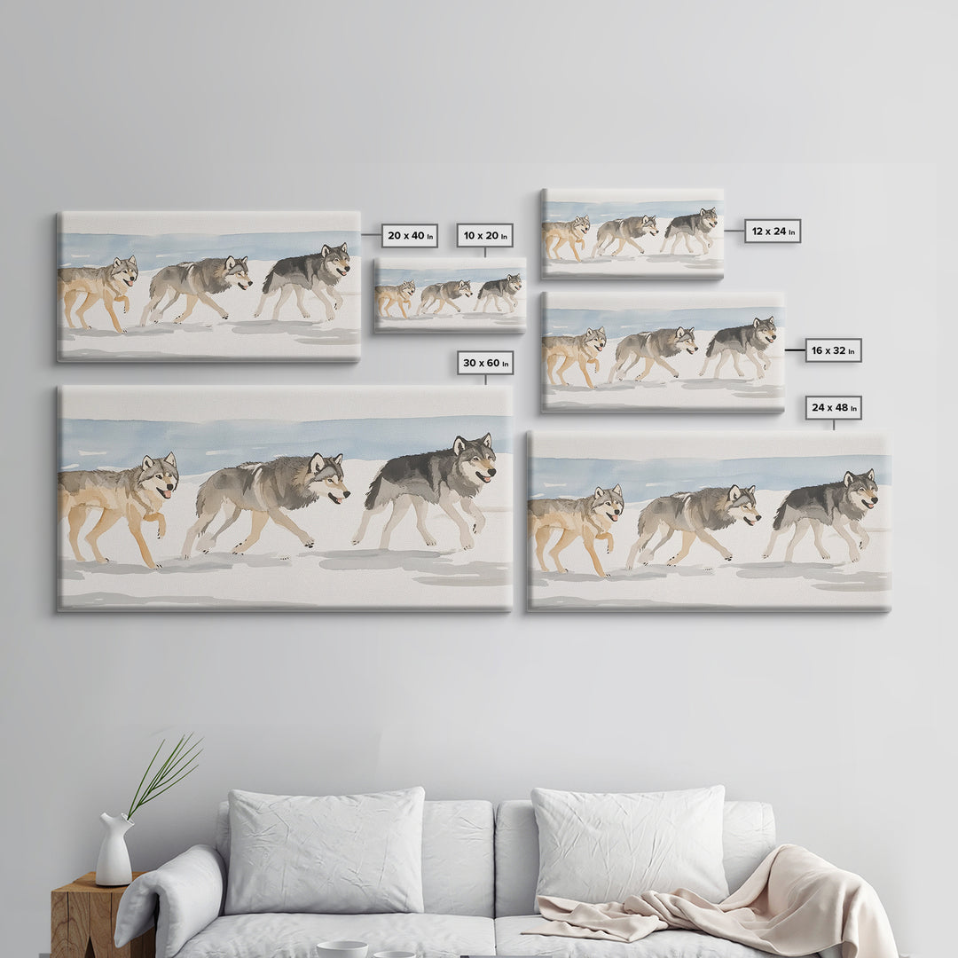 Three Running Wolves In Snow, Framed Canvas Print, Wildlife Wall Art, Rustic Cabin Decor, Winter Landscape, Gift For Him