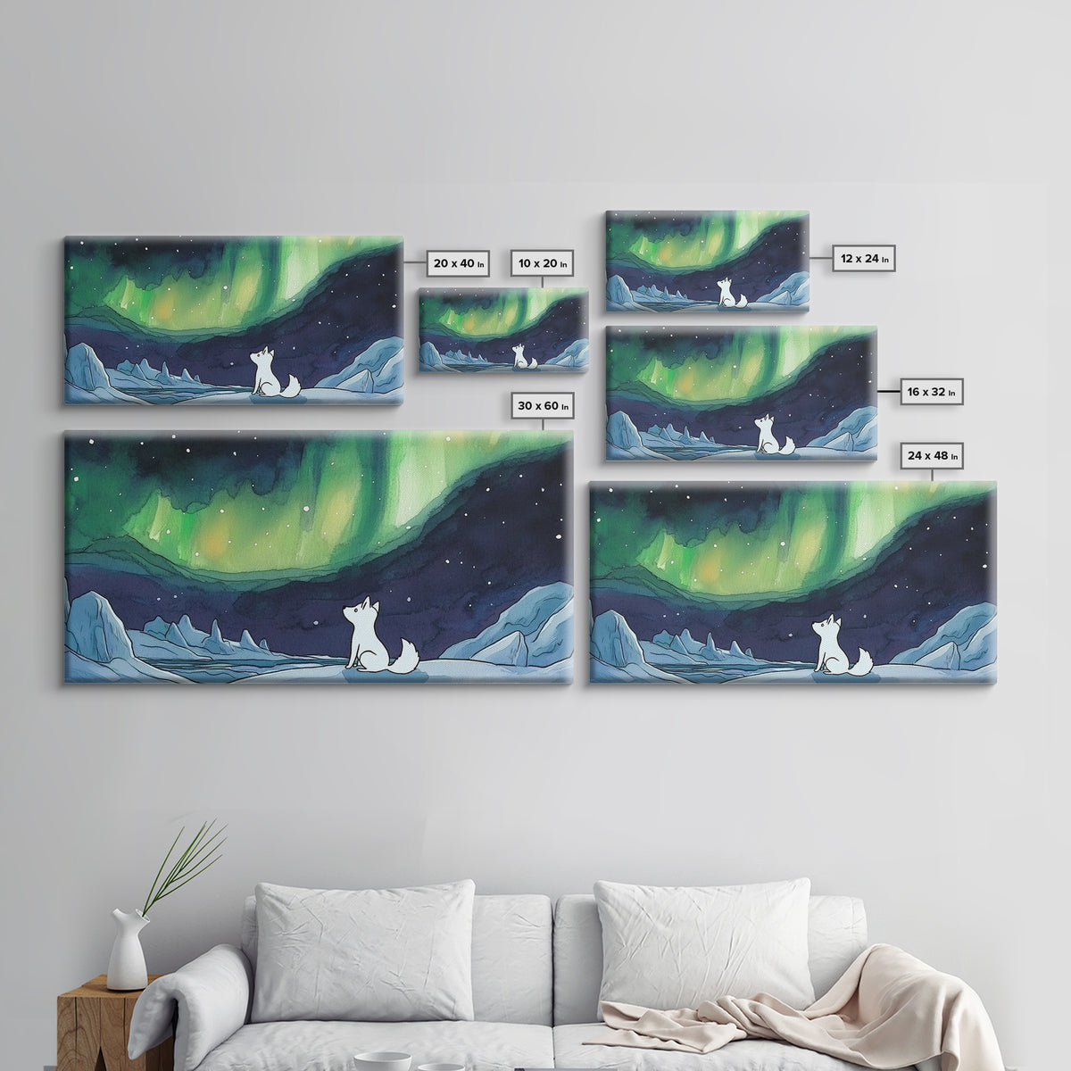 White Arctic Fox Under Northern Lights, Wall Art, Celestial Winter Landscape, Whimsical Nursery Decor, Aurora Canvas Print