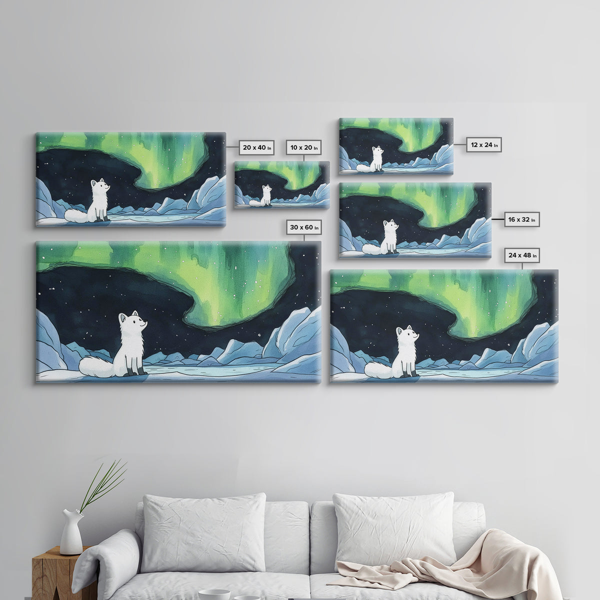 Arctic Fox Watching Green Aurora, Canvas Print, Celestial Wall Art, Icy Winter Landscape, Calming Bedroom Decor Gift For Her