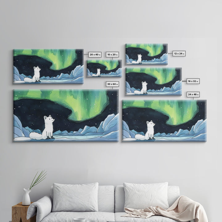 Arctic Fox Watching Green Aurora, Canvas Print, Celestial Wall Art, Icy Winter Landscape, Calming Bedroom Decor Gift For Her
