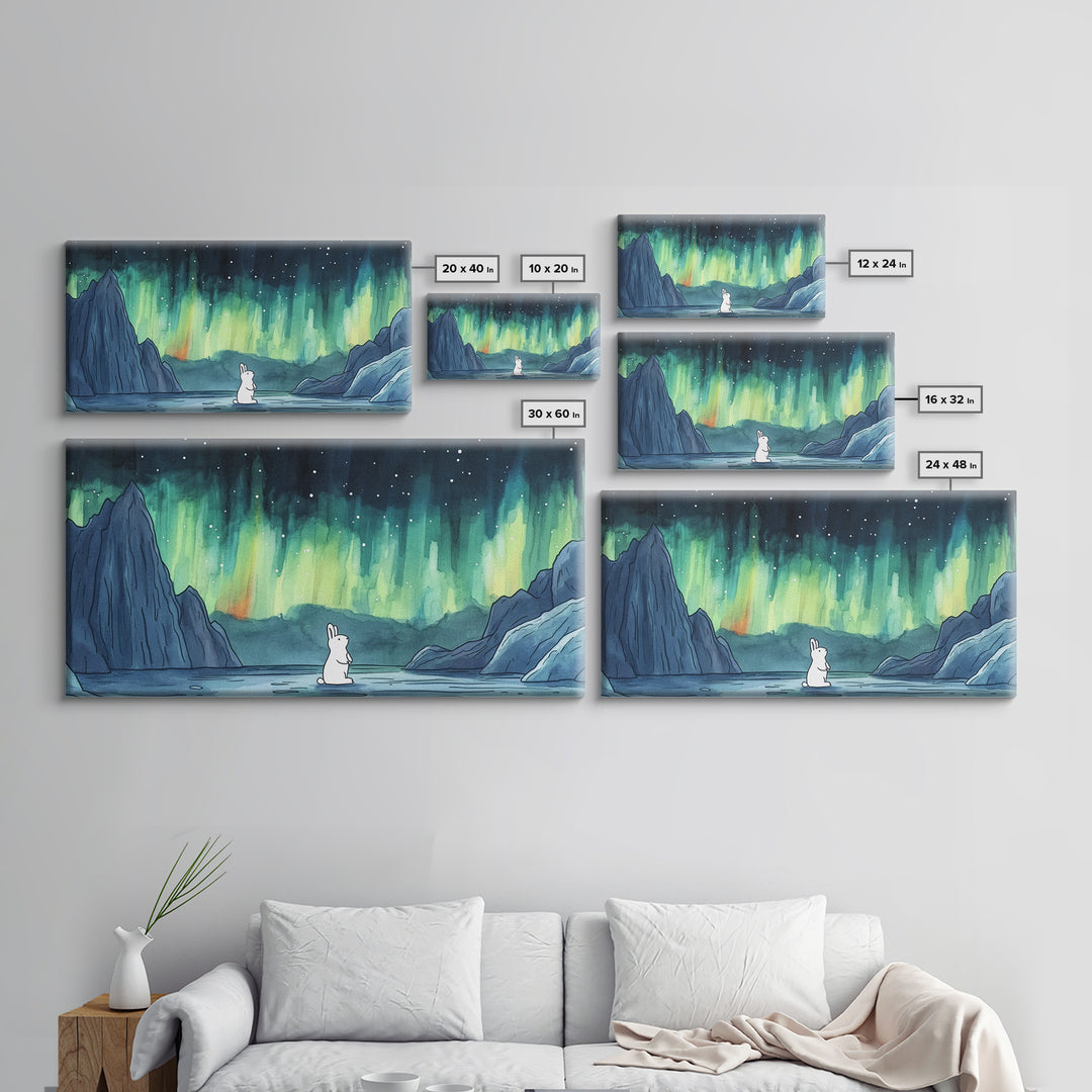 White Arctic Hare Under Aurora, Panoramic Wall Art, Celestial Winter Landscape, Whimsical Nursery Decor, Nature Canvas Print