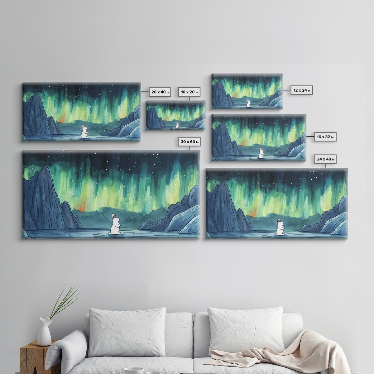 White Arctic Hare Under Aurora, Panoramic Wall Art, Celestial Winter Landscape, Whimsical Nursery Decor, Nature Canvas Print