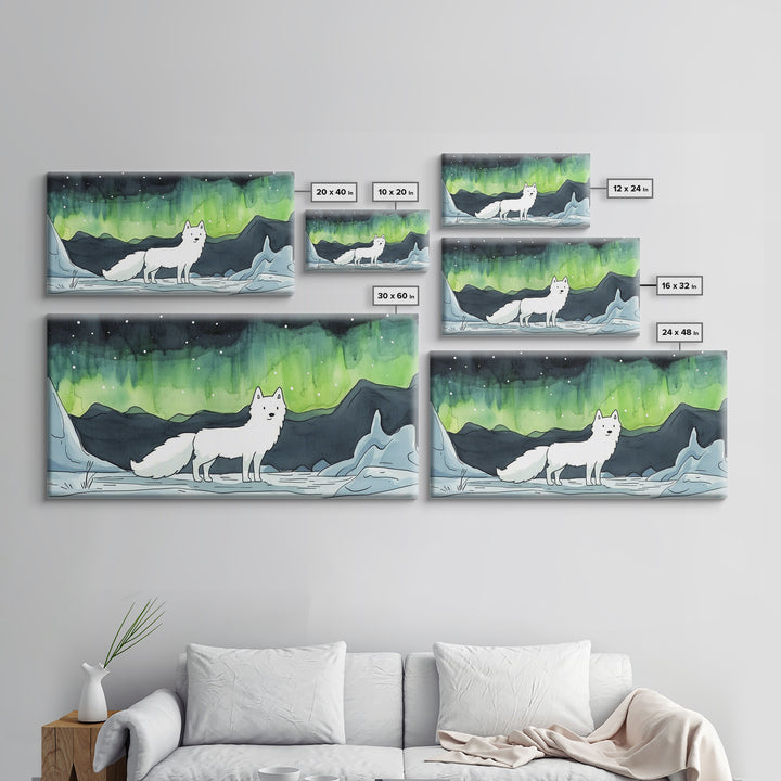 Standing White Arctic Fox With Northern Lights, Wall Art, Celestial Winter Landscape, Wildlife Canvas Print, Cozy Home Decor