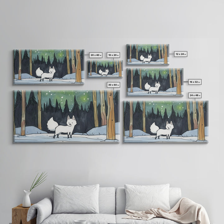 White Fox In Snowy Pine Forest, Framed Canvas Print, Nordic Winter Wall Art, Woodland Nursery Decor, Whimsical Gift For Her